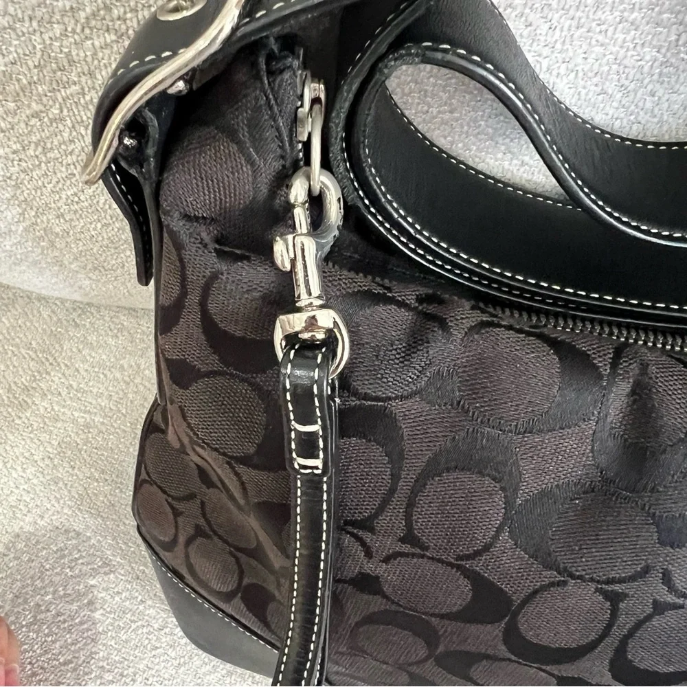 VTG Coach Black Canvas Signature Monogram Crossbody Bag White Stitching K2K-6347 - Picture 2 of 15